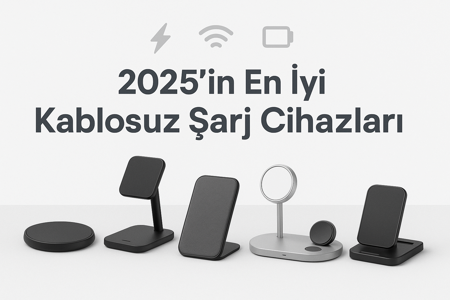 Beş farklı kablosuz şarj cihazı ve üstte "2025’in En İyi Kablosuz Şarj Cihazları" başlığı