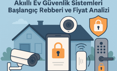Akıllı ev güvenlik sistemleriyle donatılmış bir evin önünde akıllı kamera, hareket sensörü, akıllı kilit ve cep telefonu simgeleri bulunan, 2025 temalı dijital illüstrasyon.