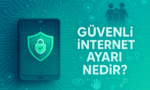 Güvenli internet ayarı nedir başlıklı, devre kartı desenli, tablet, aile simgesi ve dijital ikonlarla detaylandırılmış modern görsel.