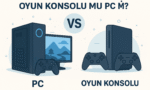 Oyun Konsolu mu PC mi karşılaştırmasını gösteren 2025 temalı dijital illüstrasyon, ikiye ayrılmış ekran görüntüsüyle PC ve konsolu yan yana sunuyor.