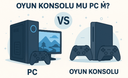 Oyun Konsolu mu PC mi karşılaştırmasını gösteren 2025 temalı dijital illüstrasyon, ikiye ayrılmış ekran görüntüsüyle PC ve konsolu yan yana sunuyor.