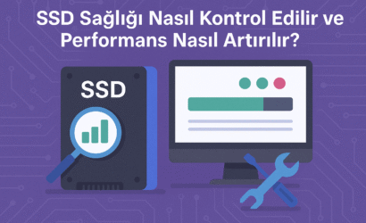 SSD Sağlığı Nasıl Kontrol Edilir ve Performans Nasıl Artırılır? başlıklı içerik için SSD kontrolü ve optimizasyon araçlarını gösteren infografik