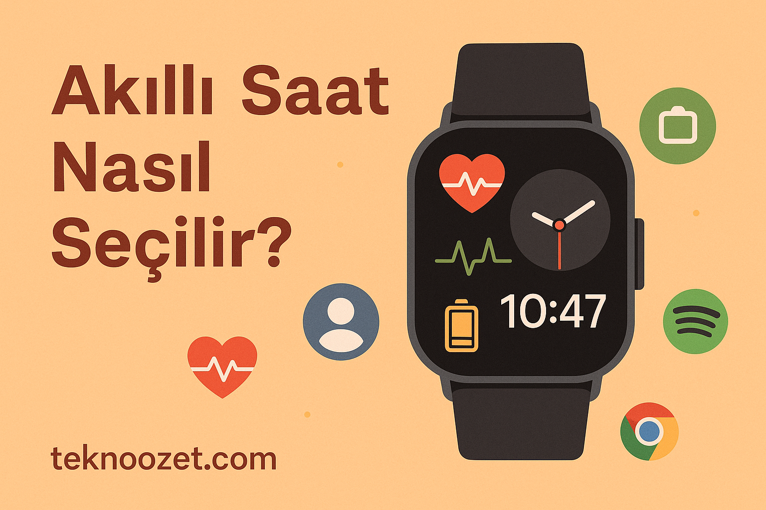 Akıllı saat nasıl seçilir sorusuna yanıt veren sağlık takibi, pil ömrü ve uygulama desteği odaklı rehber görseli