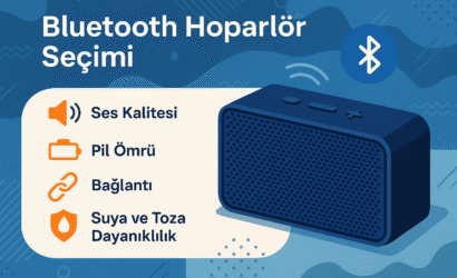 Bluetooth hoparlör seçimi için ses kalitesi, pil ömrü, bağlantı ve suya dayanıklılık kriterlerini gösteren infografik