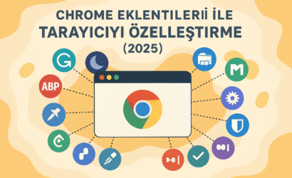 2025’in en iyi Chrome eklentilerini gösteren, tarayıcı özelleştirme temalı illüstrasyon
