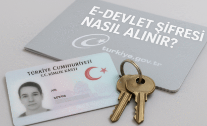E-Devlet şifresi nasıl alınır başlıklı kitapçık, Türkiye Cumhuriyeti kimlik kartı ve iki anahtar ile birlikte masa üzerinde yatay olarak yer alıyor. Dijital devlet kapısına erişimi ve güvenli giriş işlemini simgeleyen modern bir görsel.