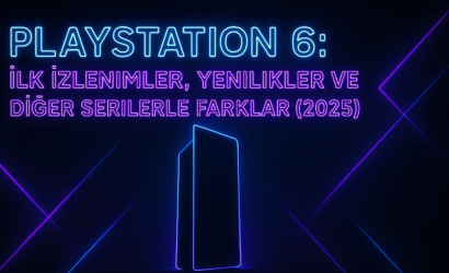 PlayStation 6 modern ve yenilikçi tasarımını gösteren, mavi-siyah renk tonlarında, yeni nesil oyun konsolunun öne çıktığı bir tanıtım görseli.